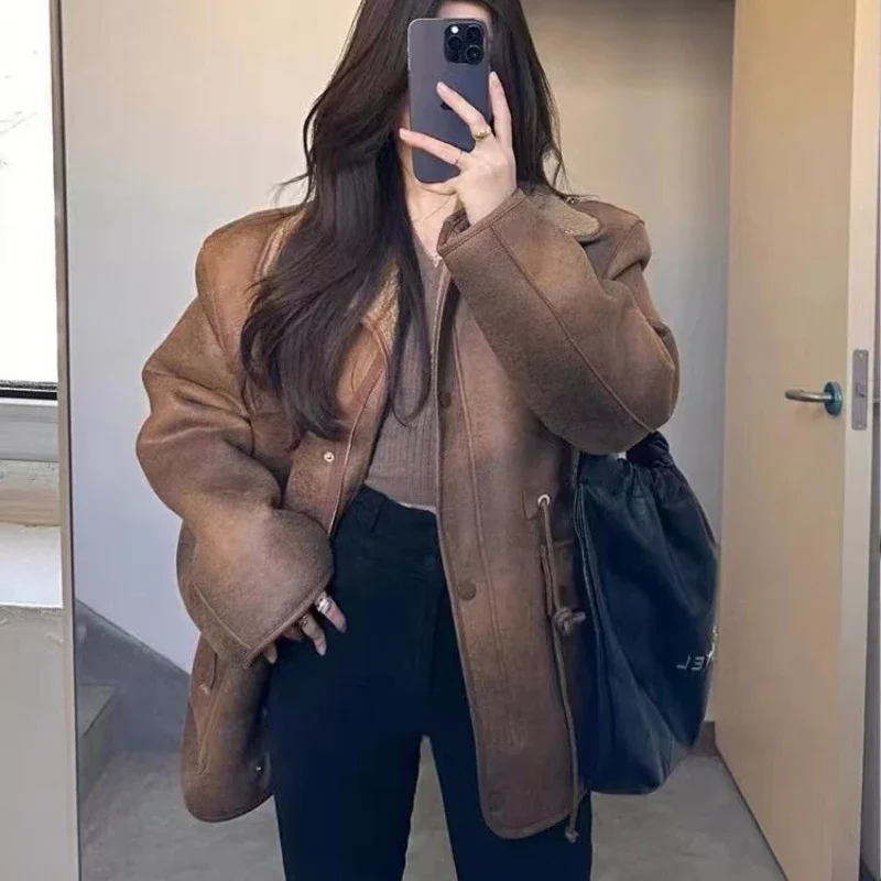 High Quality Vintage Motorcycle Suit 2023 Autumn/Winter New Korean Vintage Lamb Suede Jacket Women's Trend  Jackets for Women
