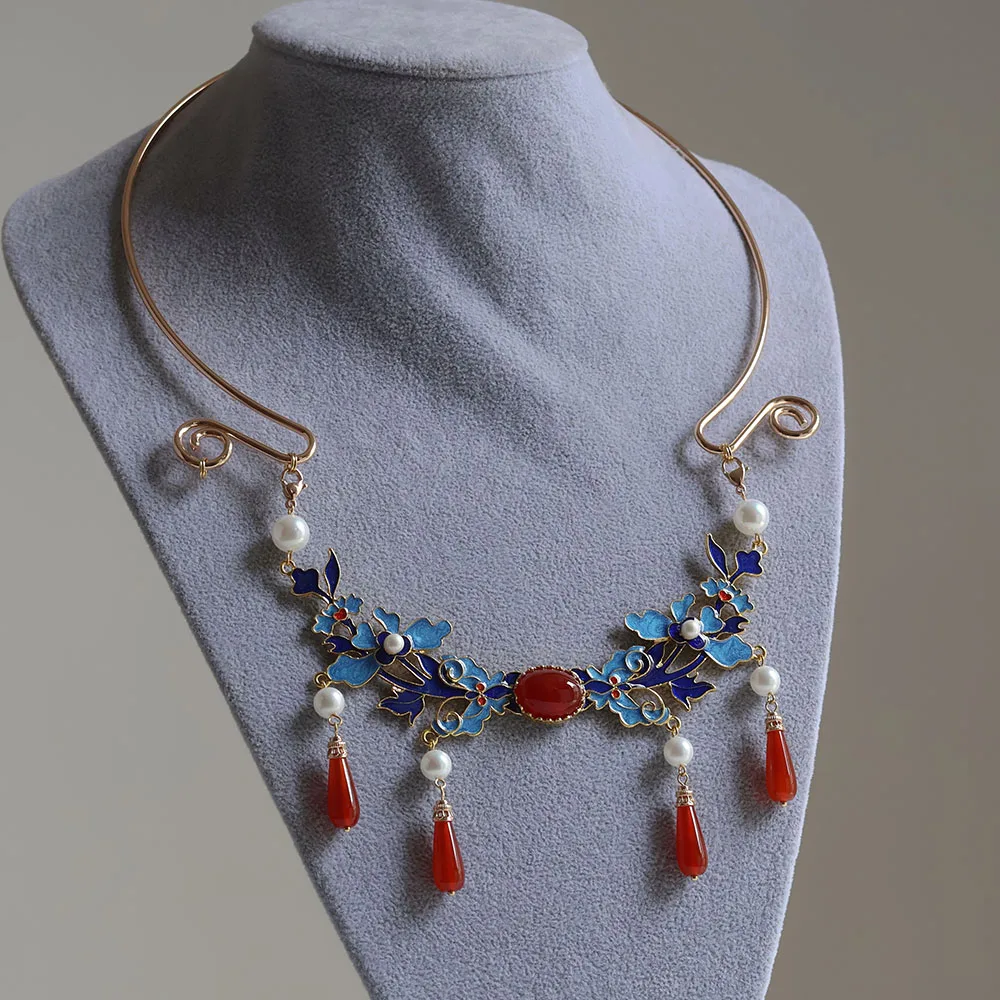 Ming Imitation Burnt Blue Collar Pearl Agate Lotus Antique Traditional Han Clothing Accessories