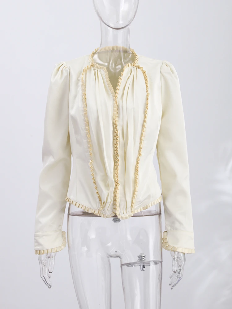 French V-Neck Vertical Pleated Blouse With Ruffle Trim Puff Sleeves And Slim Fitted Waist — photo 6