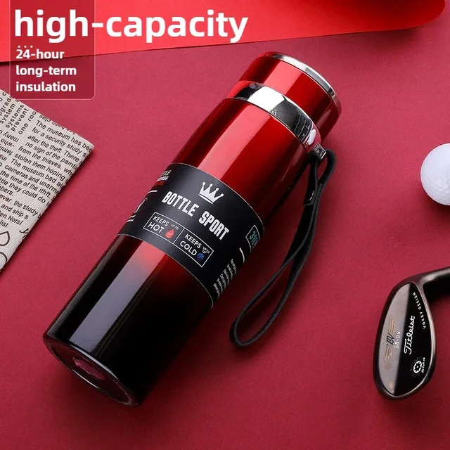 Thermos Bottle 1L Thermal Water Bottle Stainless Steel Insulated Cup Gradient Color Lid Strap Travel Outdoor Sports Wholesale