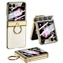 Luxury Magnetic Hinge Ring Holder Transparent Plating Acrylic Case with Screen Protector for Samsung Z Flip 6 (Gold Ring)
