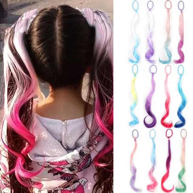 Extensions de cheveux synthétiques colorés pour enfants, extensions de queue de cheval bouclées, légères, avec élastique, 14 po 1