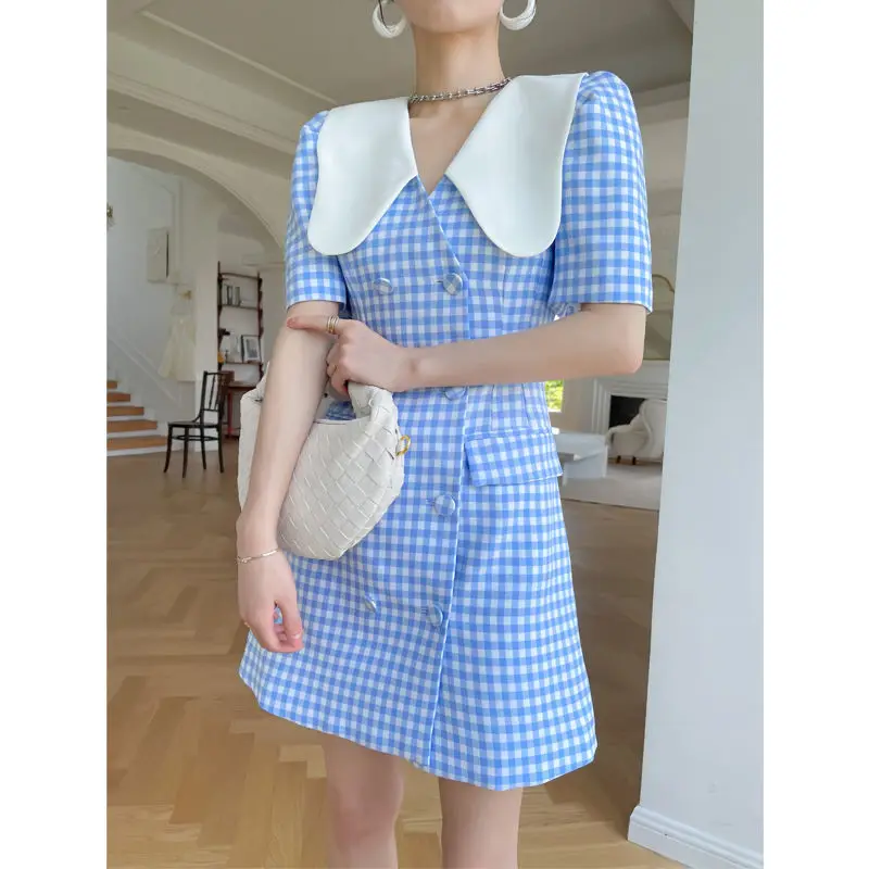 

French Fashionable Retro Checkered Dress for Women's Summer New High End Style Temperament Waist Shorted Dress Female Clothing