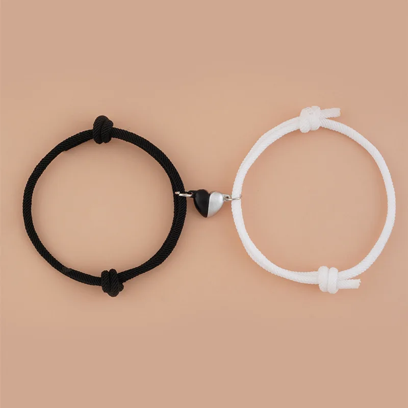 Fashion Black and White Heart Braided Rope Couple Bracelet Magnetic Attraction Shape Adjustable Bracelet Friendship Jewelry metal bracelet