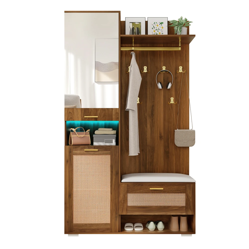 Modernes Kleiderschrank-Set mit Spiegel und LED-Beleuchtung, 6 goldene Haken + Schuhschrank + Sitzbank, Kleiderschrank mit oberem Ablagefach – Detail 1