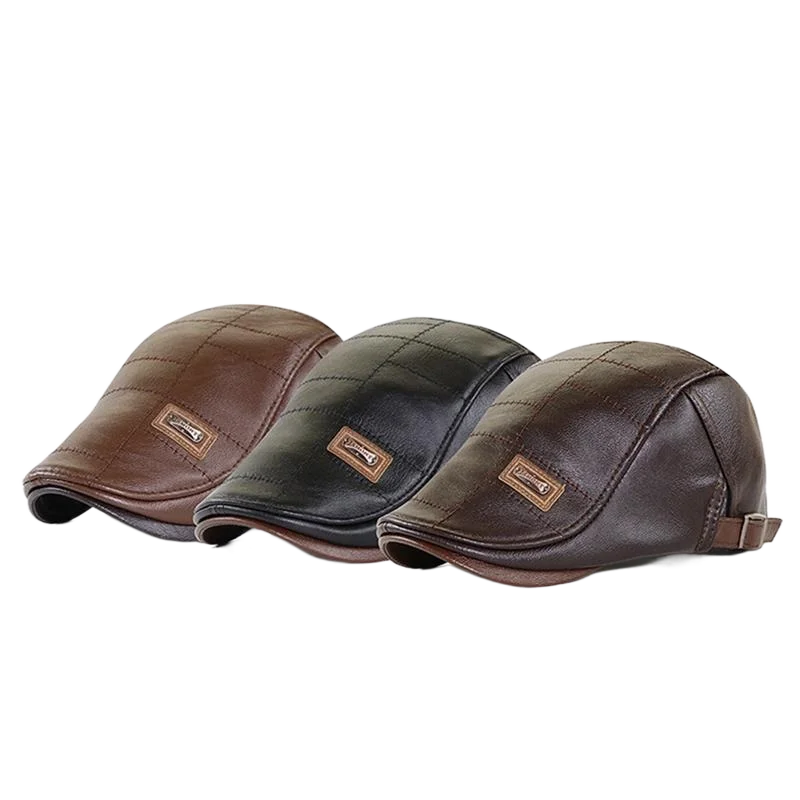 Vintage Men Beret Hat Leather Flat Cap Adjustable