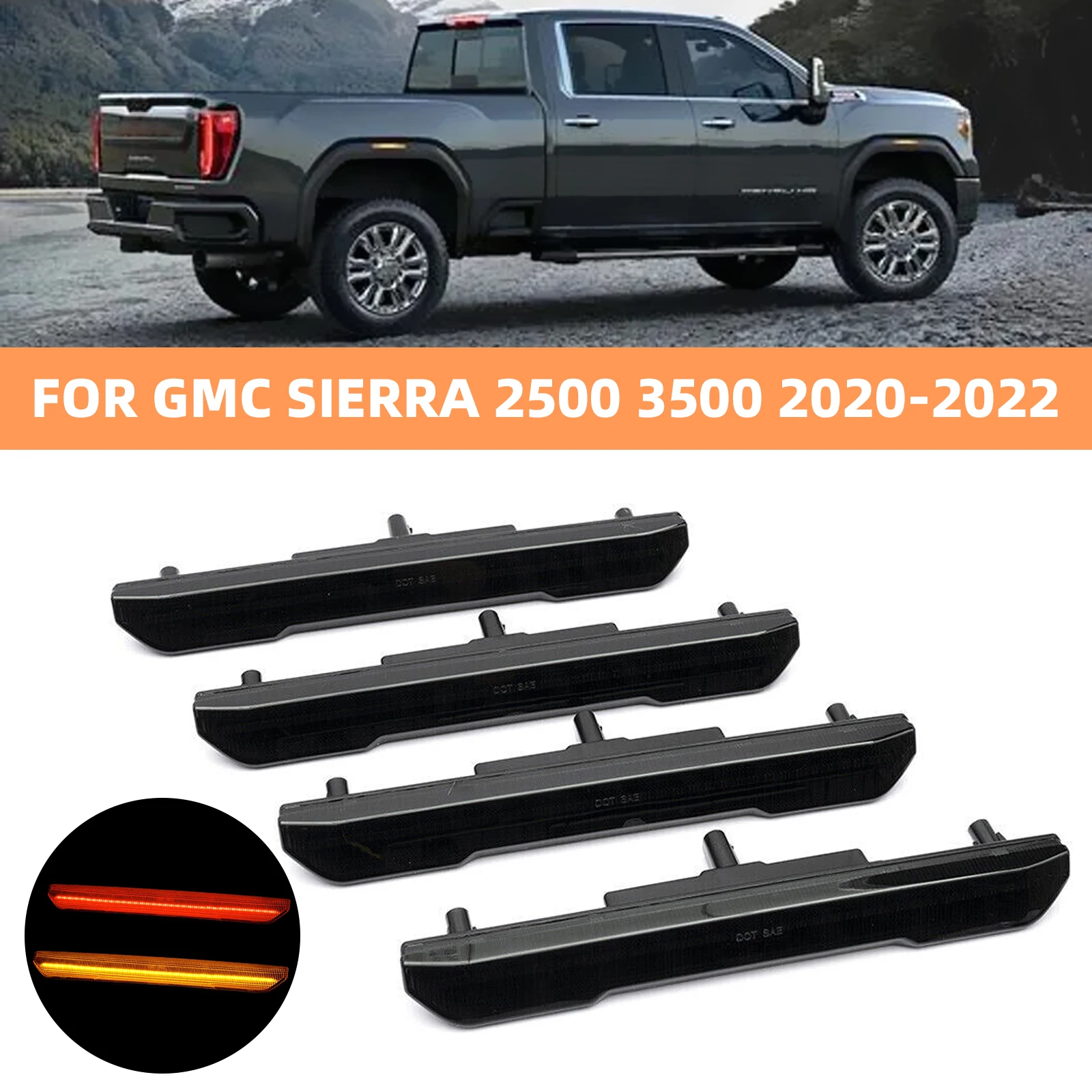 

4X Car Marker Lights Led Front Rear Side For 2020-2022 GMC Sierra 2500 3500HD Smoked Red Turn Signal Fender Flare Lamp