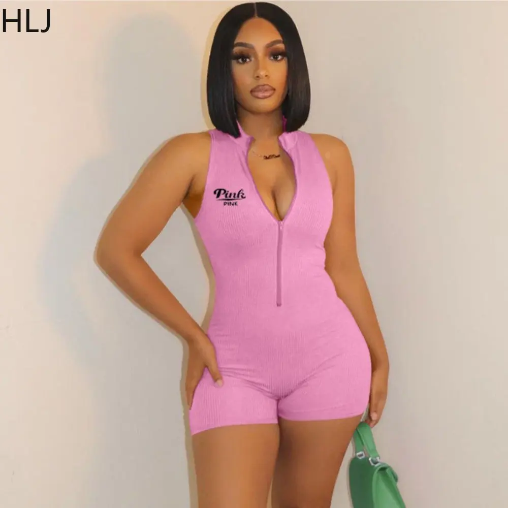 HLJ PINK Letter Printing Bodycon Romper Women Zipper Sleeveless Slim Jumpsuit Casual Sporty Solid Color Ribber One Piece Overall