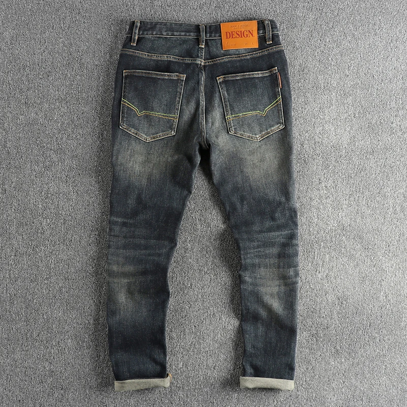 Simple Embroidery American Vintage Casual Denim Jeans for Men Autumn Washed Slim Fit Straight Pants Y2k Youth Male Trousers 2