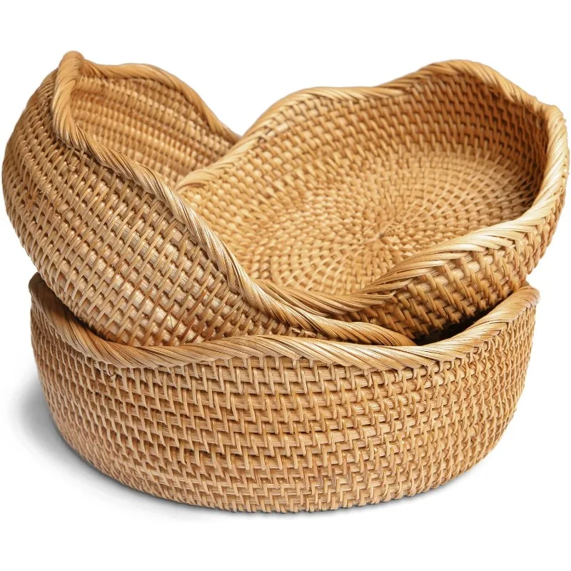 

HITOMEN Handmade Rattan Bread Baskets Round Wicker Fruit Serving Storage Bowls, Natural Woven Decorative Kitchen Counter