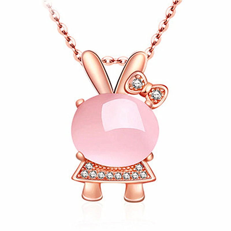 

Top Quality RoseGold Color Women Necklace Cute Hibiscus Stone Rabbit Pendant Necklaces For Women Anniversary Party Jewelry Gifts