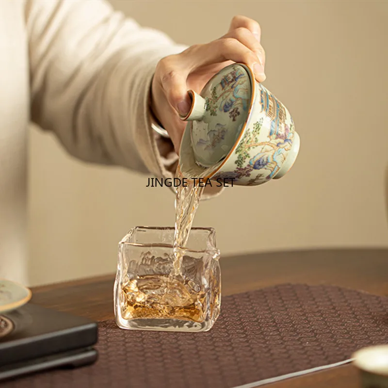 Chinese Ru Kiln Ceramic Cover Bowl Handmade Landscape Travel Portable Tea Set