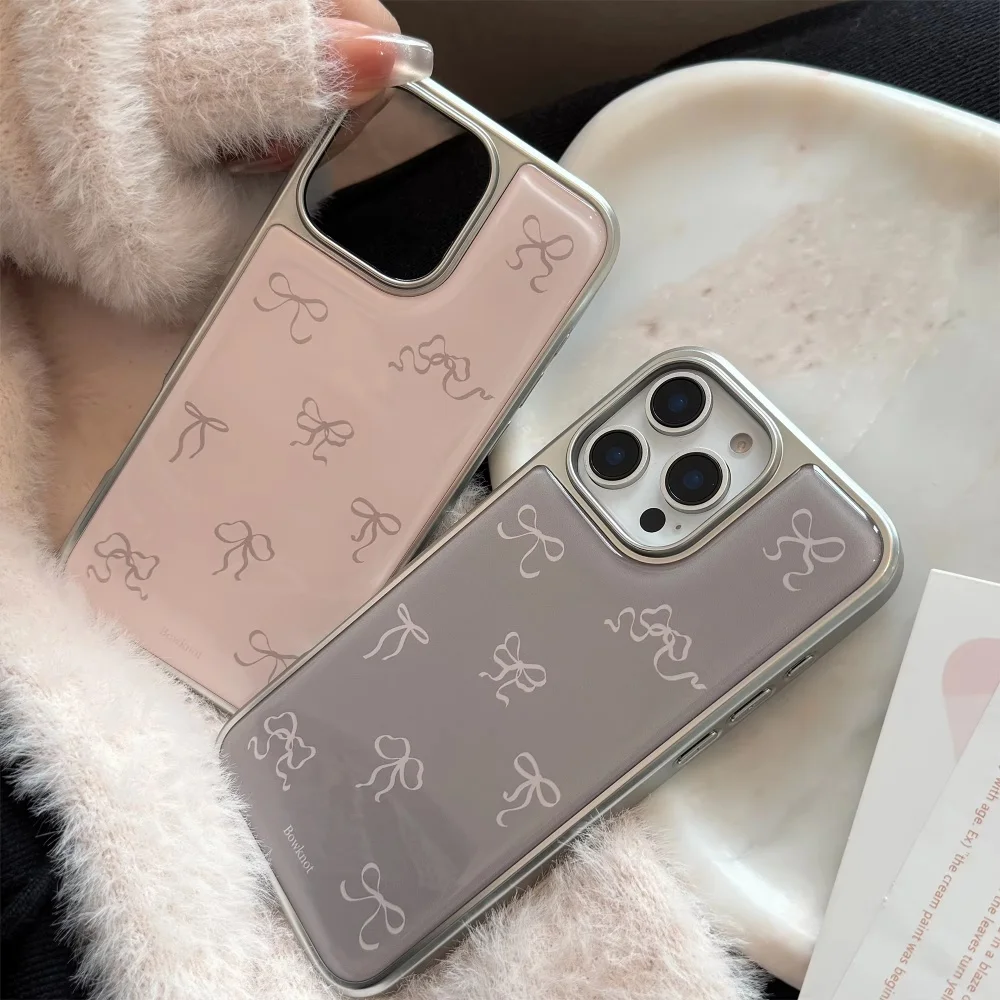 Full Screen Pink Grey Bowknot Electroplated Resin Phone Case Back Cover