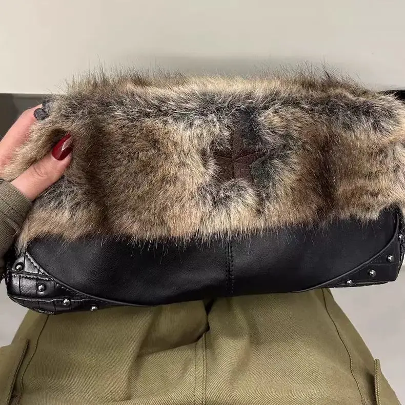 JIAERDI Vintage Black Plush Shoulder Bags Women Hot Girl Sweet Cool Studded Star Embroidery Handbag Ladies Y2k Punk Underarm Bag