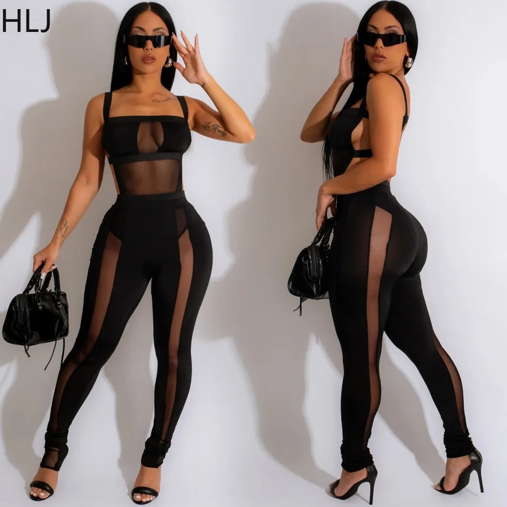 HLJ Black Sexy Mesh Perspective Patchwork Jumpsuits Women Strap Sleeveless Bodycon Nightclub Playsuits Female Slim Overalls 2023