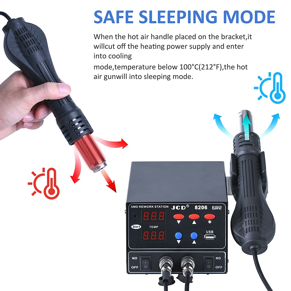 JCD 800W SMD Soldering Station Quick Heat 3 in 1 with USB Interface LED Display - Image 6