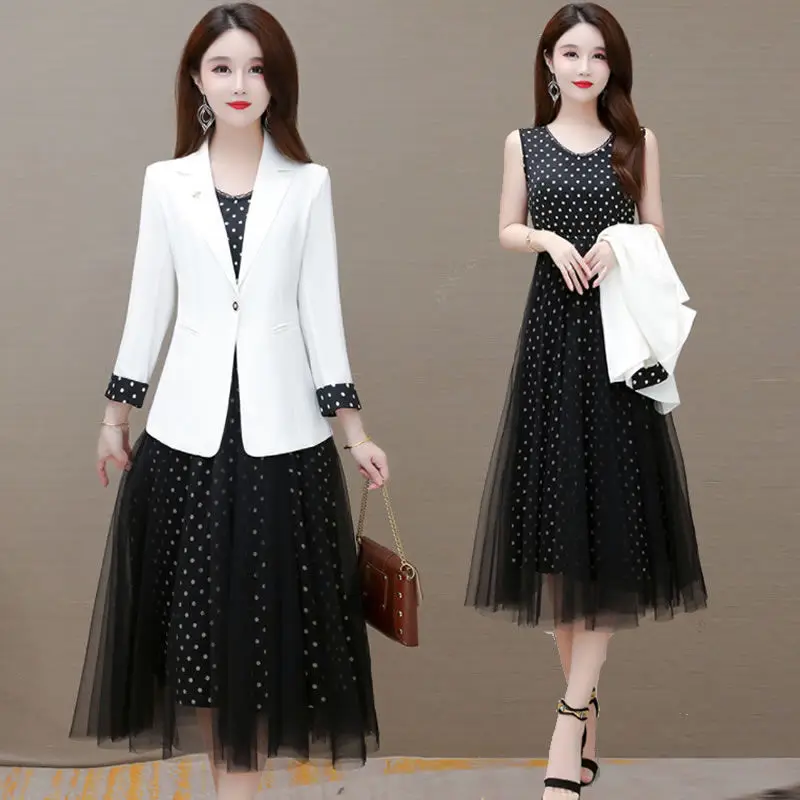 

Female Large Size Dot Print Dress Suit Jacket Women's New Chiffon Summer Two-piece Blazer Coat and Sets G176