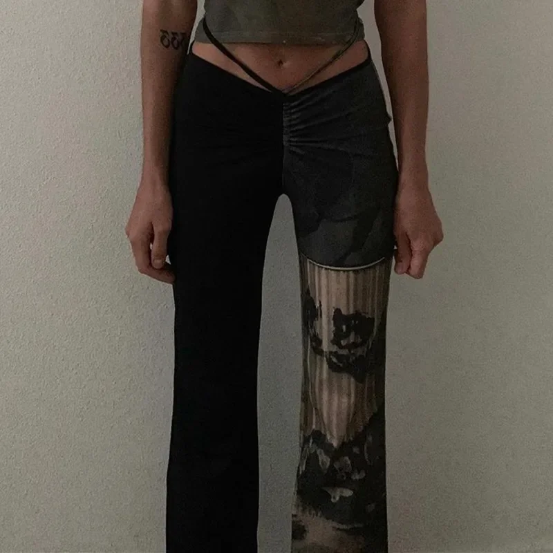 Gothic Y2k Women's Pants Punk Sexy Waist Tether Suckling Tie Dye Printing Contrast Color Stitching Trousers Street Wear Woman