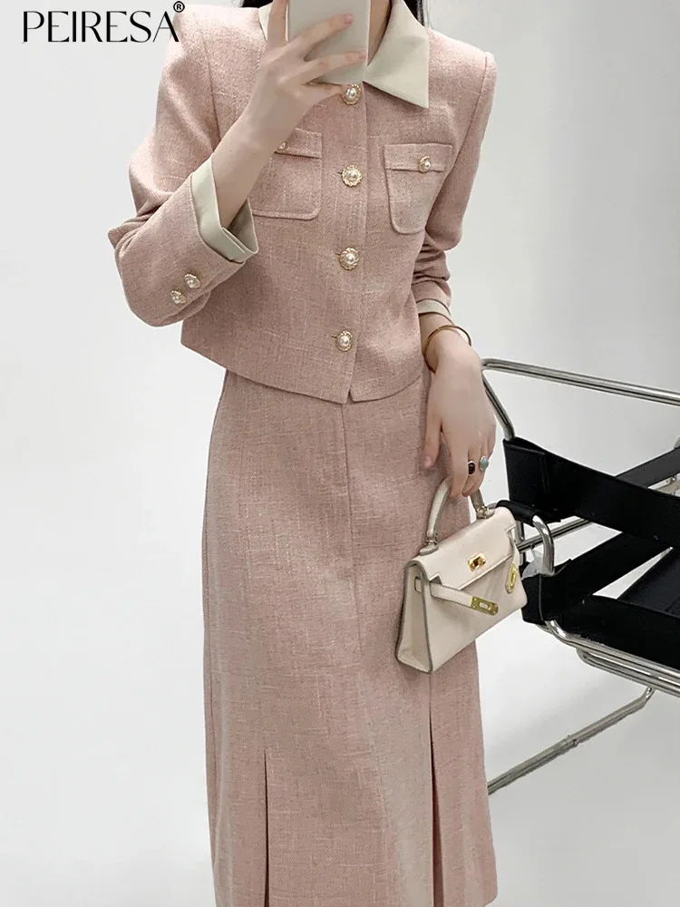 

PEIRESA Pink Color Block 2 Piece Sets Women Outfit Lapel Long Sleeve Single Breasted Short Jacket + Split Midi Skirt Y2k Clothes