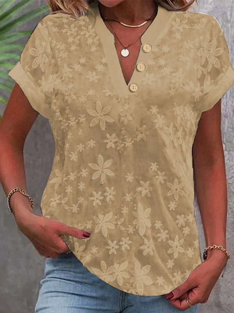 Women’s floral embroidered V-neck short sleeve blouse with button front detail 001
