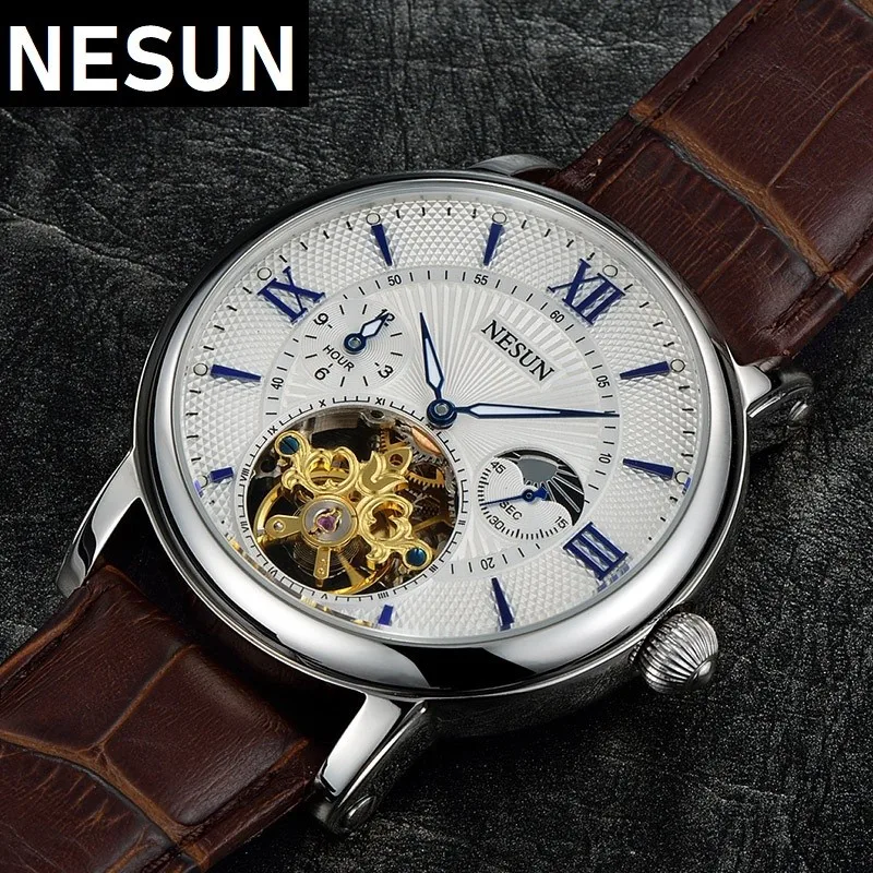 Nesun-relógio de Pulso Mecânico Masculino Relógio Automático Turbilhão Esqueleto Couro Esportes Suíça Novo