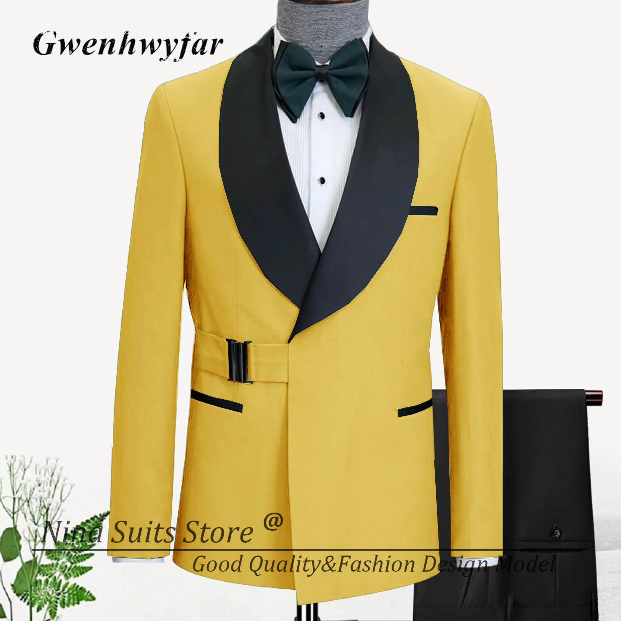 G&N Men Suit Grey Blazer with Black Buckle Fashion Designed Wedding Groom Tuxedos 2 Pieces Suit Shawl Lapel Jacket Pants set
