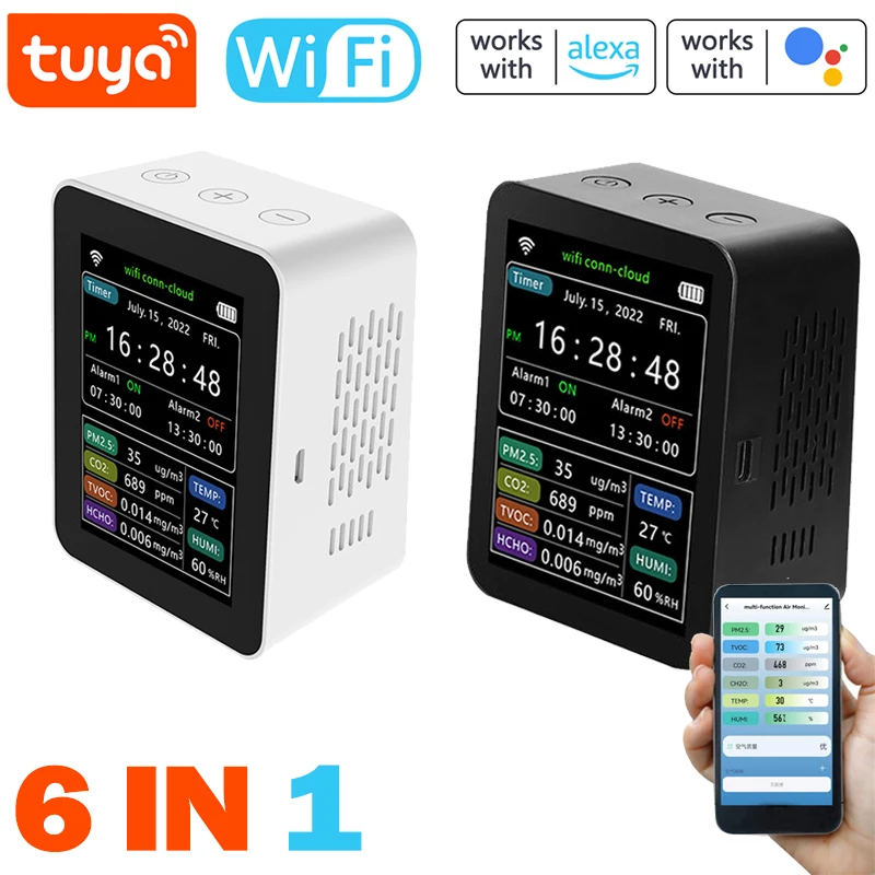 투야 와이파이 공기질 모니터, PM2.5, CO2, TVOC, HCHO, 온도 습도, 시간 날짜 주 디스플레이, 공기질 감지기, 6 in 1