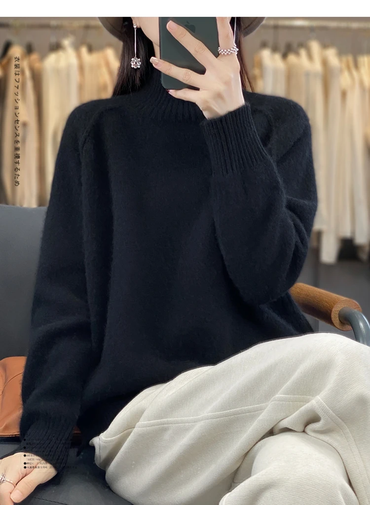 High-Necked Cashmere Sweater for Women, Autumn and Winter, 100% Cashmere, Slit, Lazy Raglan Sweater, Thickened with Soft Waxy Wo 4