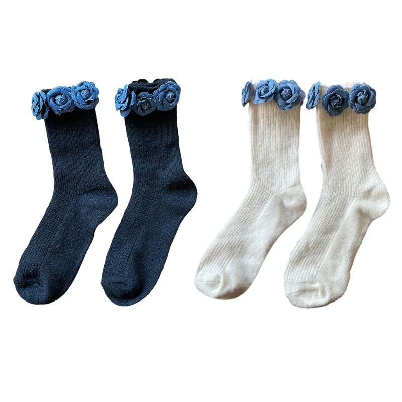 

Faux Wool Ribbed Knit Thick Warm Middle Tube Socks for Women Japanese JK Girls Sweet Camellia Flower Calf Socks