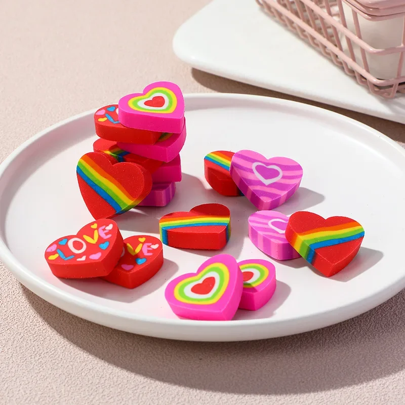 Random 10 Pcs Novelty Heart Shaped Rubber Eraser Kawaii Erasers School Supplies Stationery Kids Students Cool Prizes