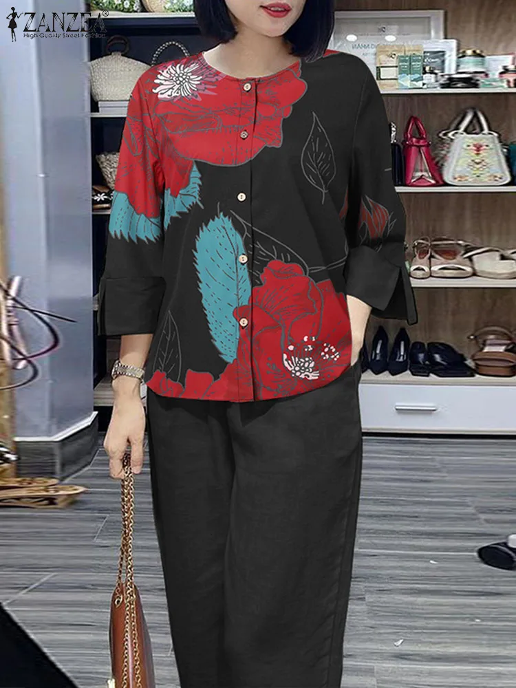 

Винтажный комплект из блузки с рукавом 3/4 и брюк с широкими штанинами, богемный женский брючный костюм ZANZEA, 2 шт., летние цветочные спортивные костюмы, женская одежда