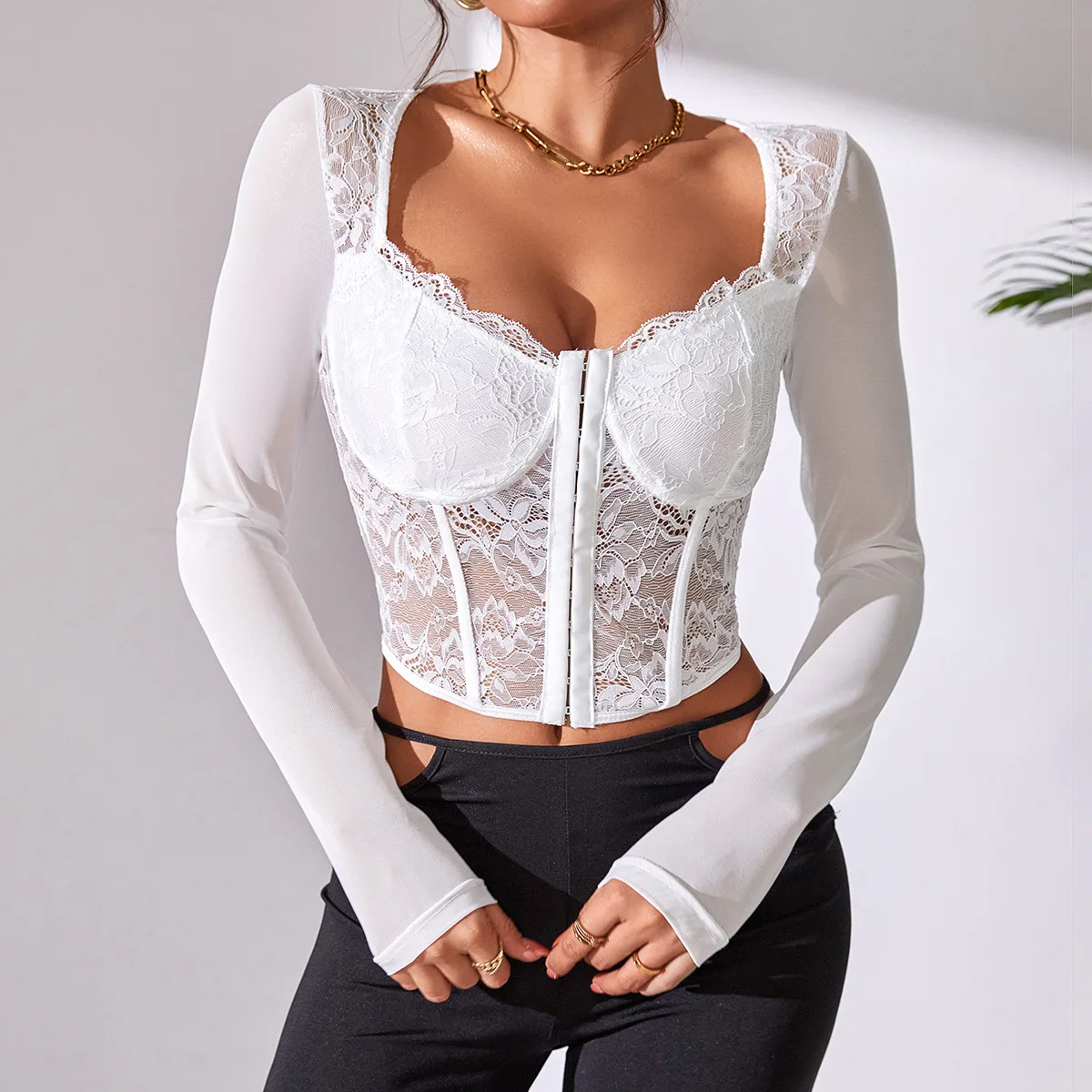 Backless Sexy Lace Long Sleeve Women's Blouse Floral Embroidery Bodyco –  Zebuci