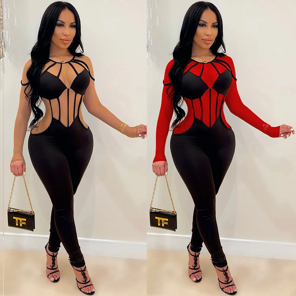 

Europe and the United States women's fashion sexy mesh color matching perspective long-sleeved jumpsuit traf official store