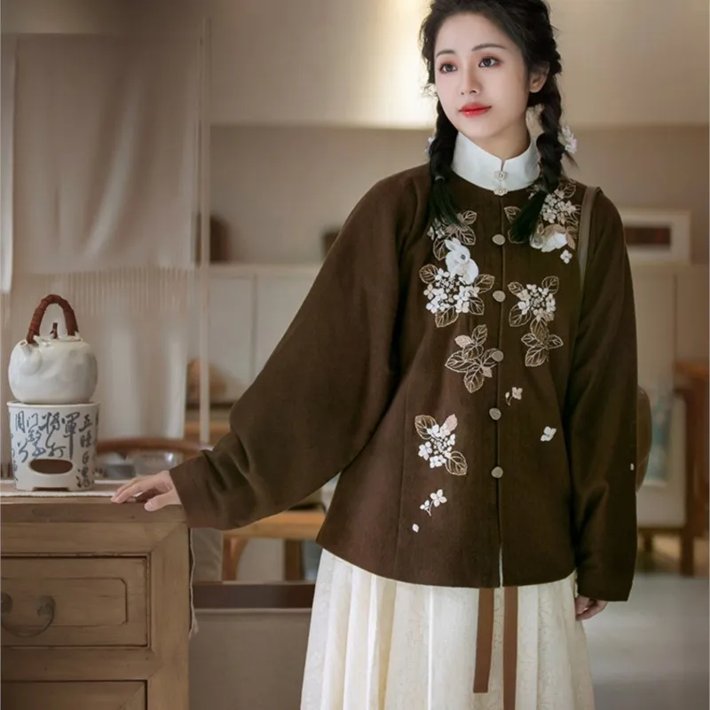

Ming Dynasty Han Made Vertical Collar Short Jacket Rabbit Design Purple Short Jacket Hydrangea Rabbit Hanfu Dress Costume