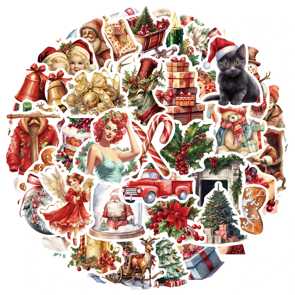 10/30/50Pcs Christmas Vintage Santa Claus Retro Stickers Gift Decorative Decal Window Luggage Bottle Motorcycle Sticker for Kids memphis pattern 14 retro 90s 80s shower curtain curtain bathroom fabric window curtain
