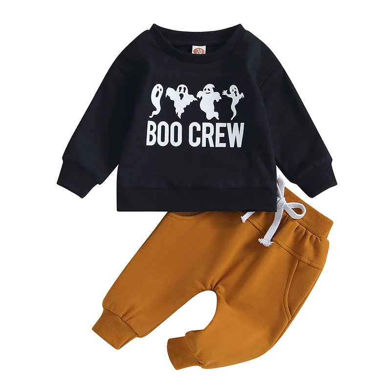 

Toddler Boys Fall Outfits Letter Ghost Print Crew Neck Long Sleeve Sweatshirts and Long Pants 2Pcs Halloween Clothes Set