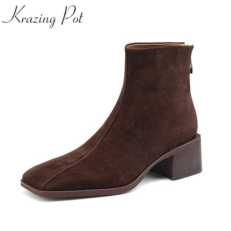 

Krazing Pot New Cow Suede SquareToe Chelsea Boots Med Heels Street Wear Keep Warm Zipper Office Lady Modern Fashion Ankle Boots