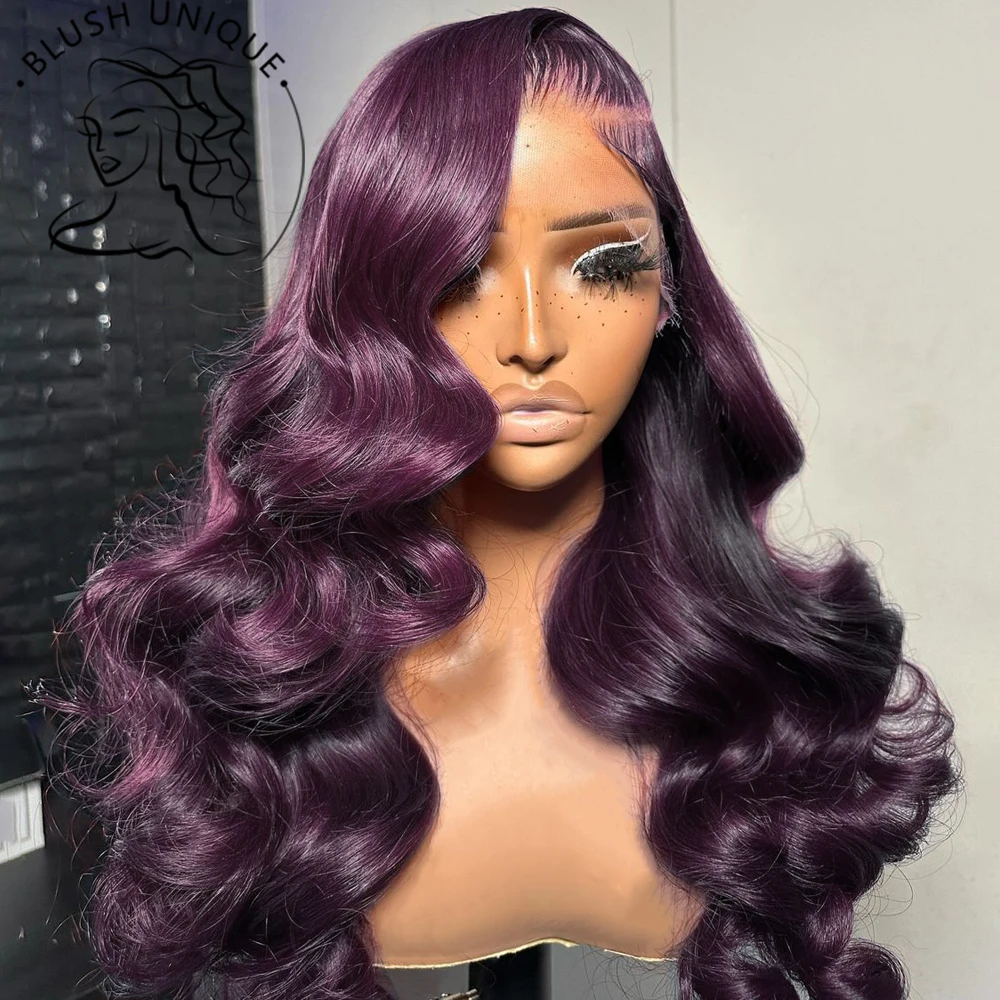 Lace Front Wig Dark Burgundy Body Wave Deep Purple Transparent Glueless Pre Plucked Synthetic Hair for Women