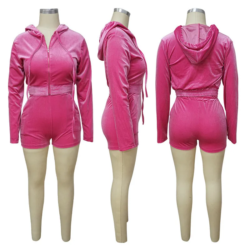 2023 New Velvet Ladies Two-piece Sweater Hooded Long-sleeved Zipper Jacket Slim Fit Shorts Ladies Autumn and Winter Suits Ladies