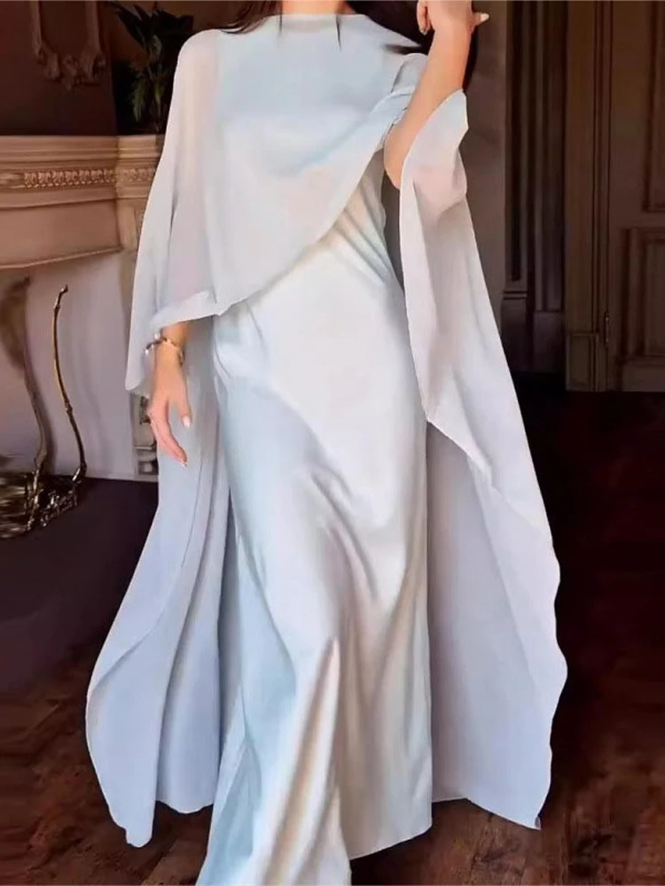 chinese dress ladies Light Blue Spaghetti Strap Maxi Dress with Sheer Chiffon Cape  shopaleena
