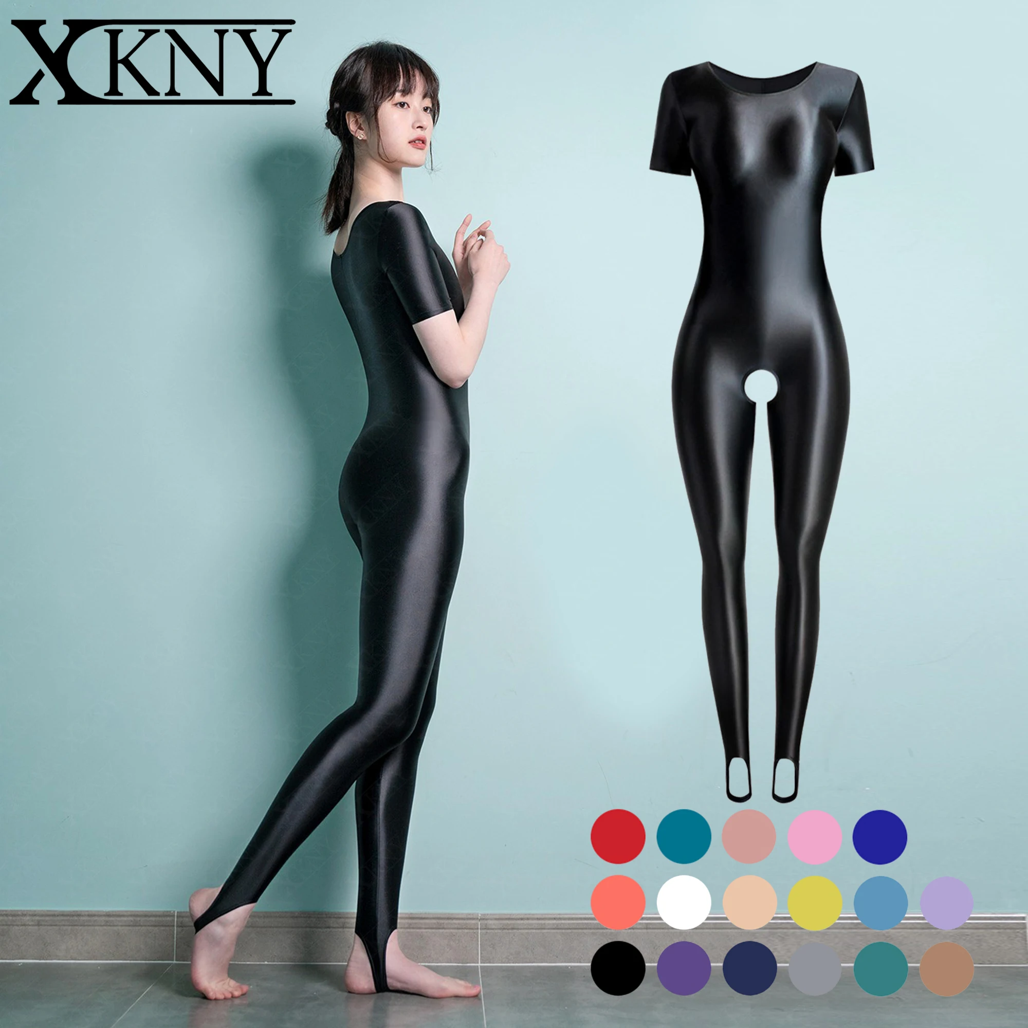 

XCKNY satin glossy tights smooth oil round neck short sleeved tight stirrup pants zentai glossy BODYSUIT Open crotch unisex