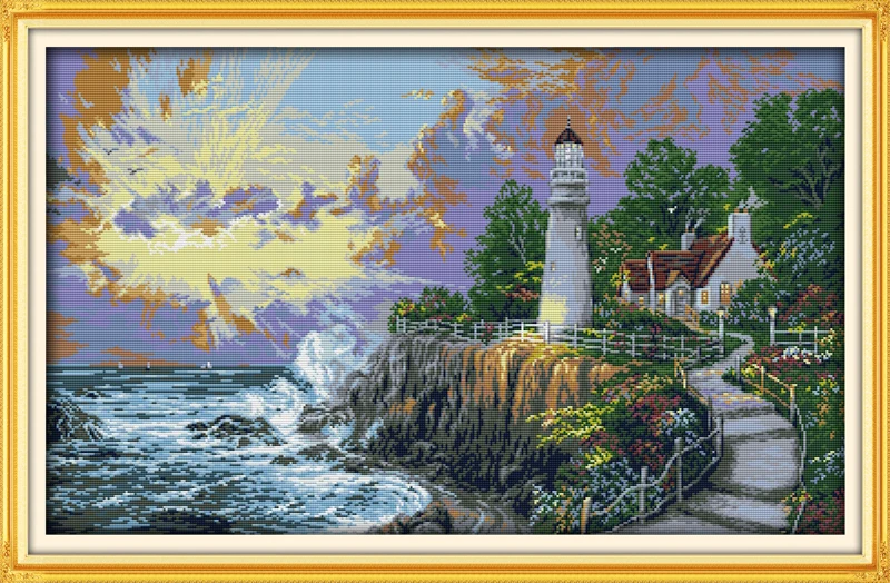 Cross Stitch Kit Lighthouse (4) cross stitch kit sea side 14ct count printed canvas 11ct fabric x stitching embroidery DIY handmade needlework