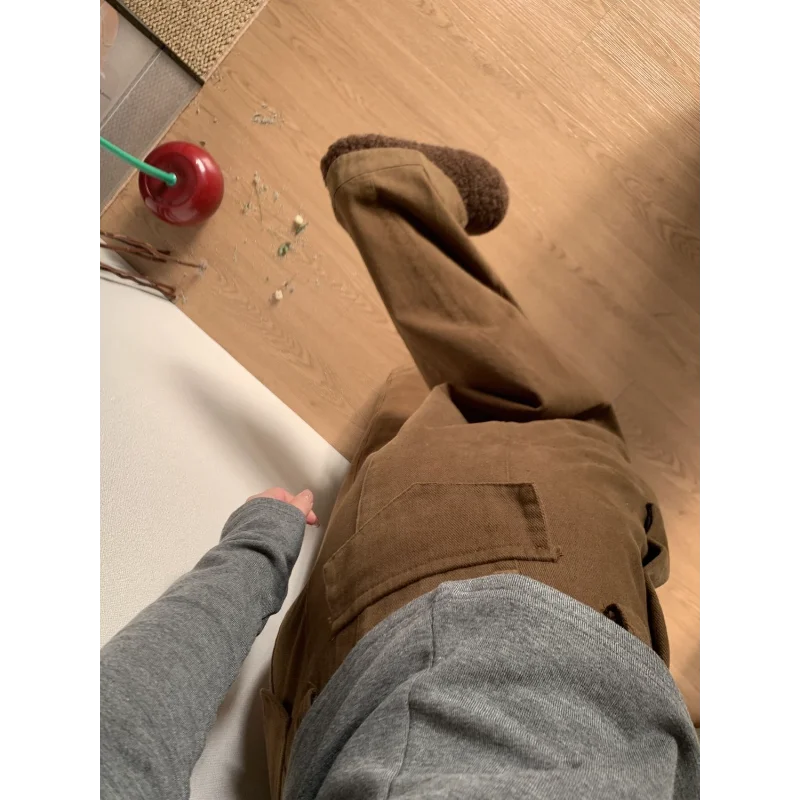 Pantaloni casual da donna autunno e inverno caffè a vita alta gambe larghe pantaloni larghi dritti pigri 2