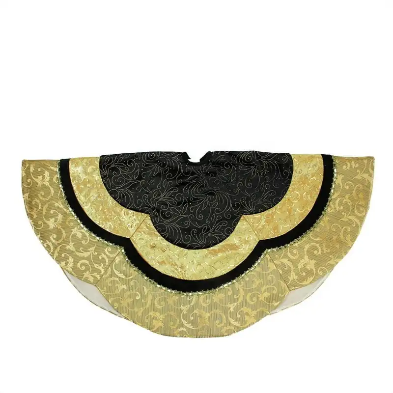 

48" Black and Gold Embossed Velvet, Silk, Brocade and Metallic Trim Scallop Christmas Tree Skirt