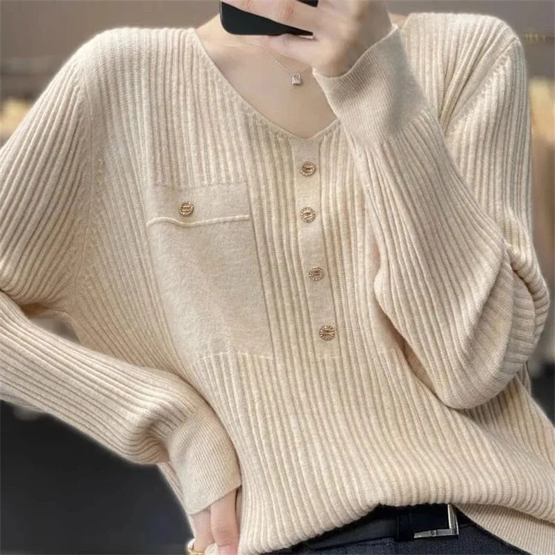 

2024 Womens Sweaters Spring Autumn V-neck Knitted Pullovers Loose Bottoming Shirt Cashmere Fashion Jumper Solid Pink Sweater