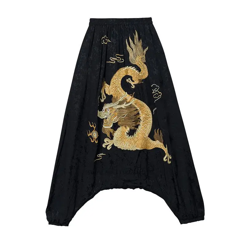 china dragon embroidery bloomers black trousers women national ethnic style vintage harajuku harem pants casual baggy pants women pants