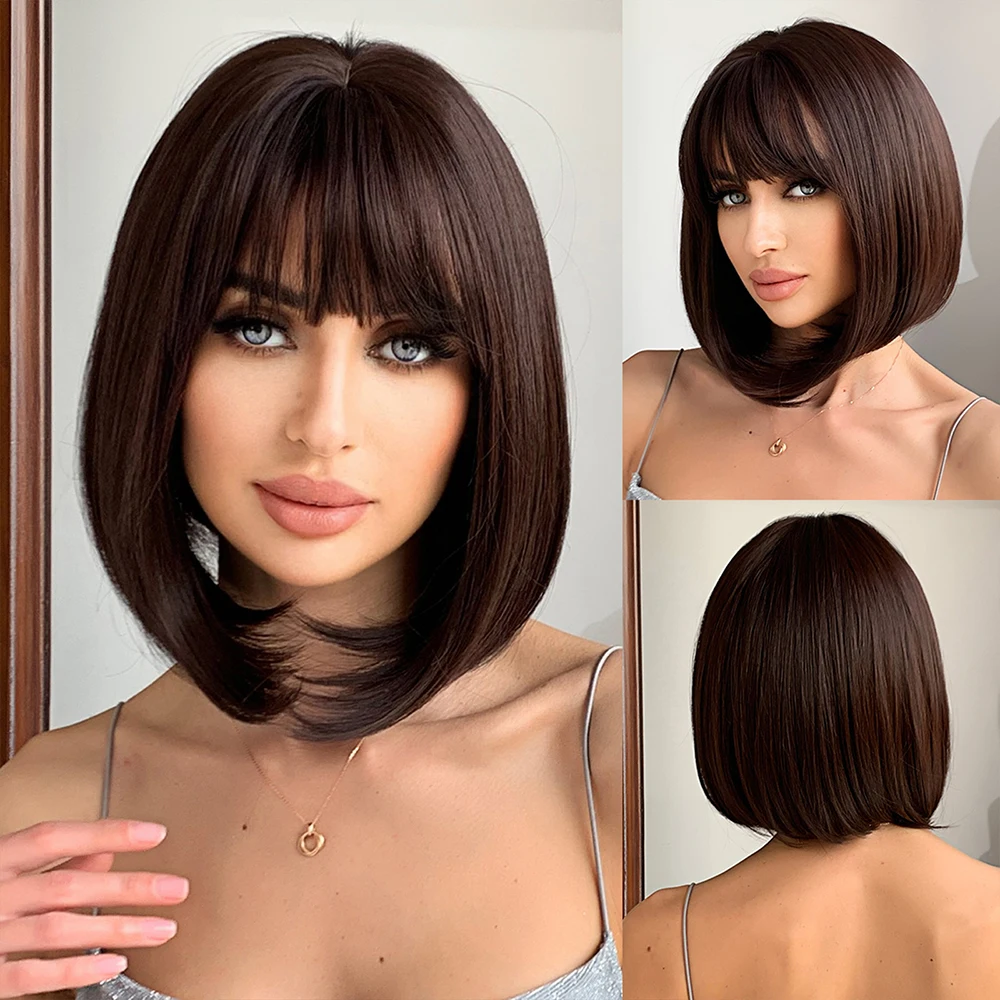 

Wig Set New Product Wig Qi Liu Hai Brown Wave Head Bobo Short Hair Natural Daily Full Head Set