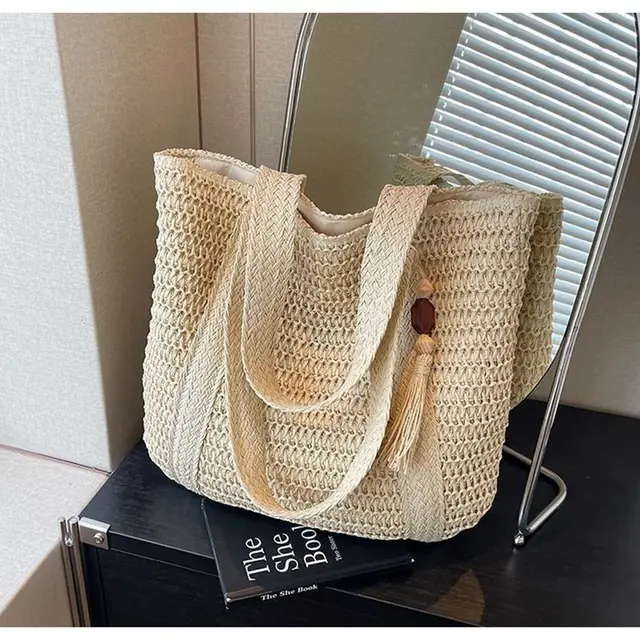 Straw Woven Shoulder Bags for Women Summer Beach Handbag with Tassel Female Fashion Handbag in Khaki Beige 3