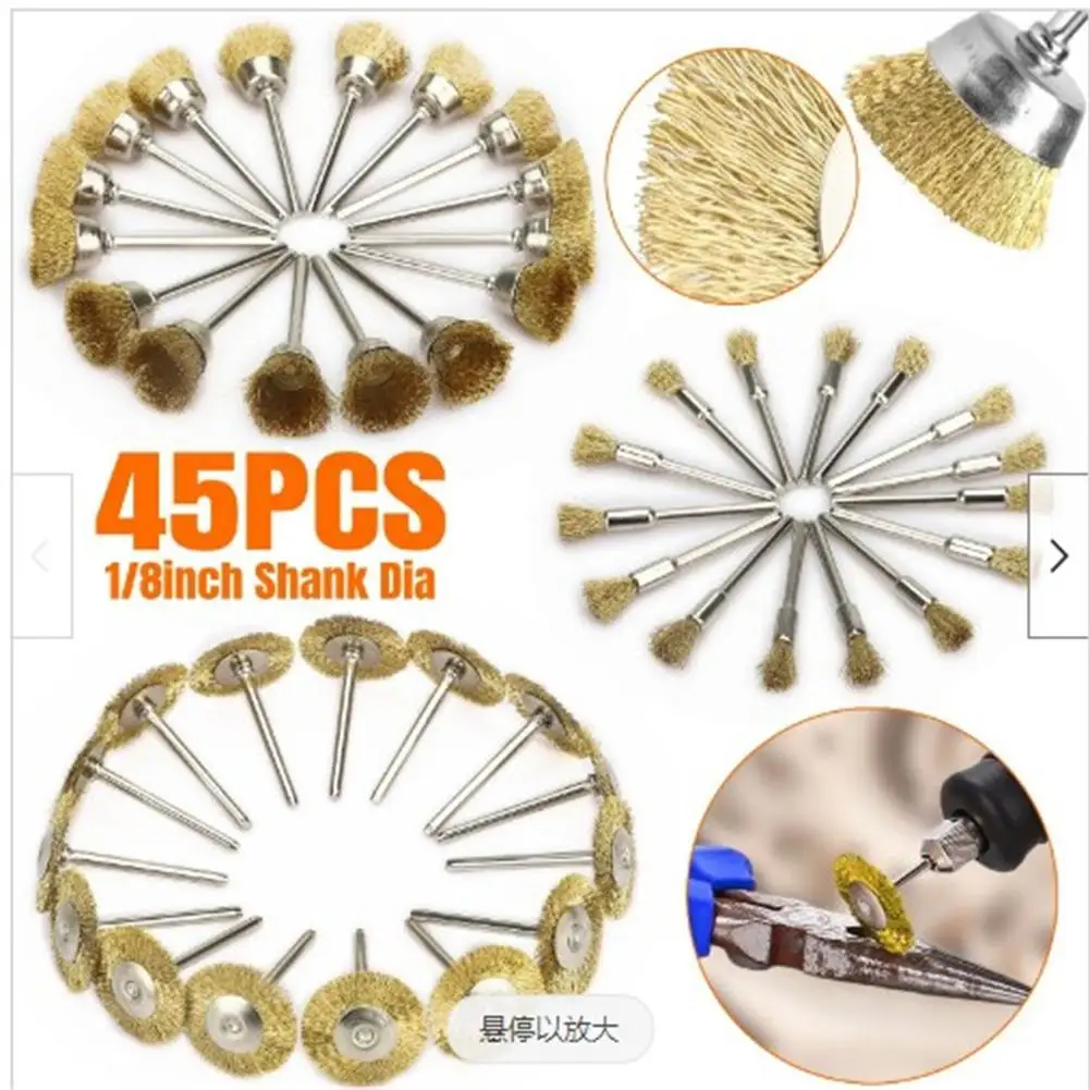 

45Pcs Premium 50mm Brass Wire Brush Mix Set 3 Different Shapes Wheel/Cup/Pen For Rotary Tool Die Grinder