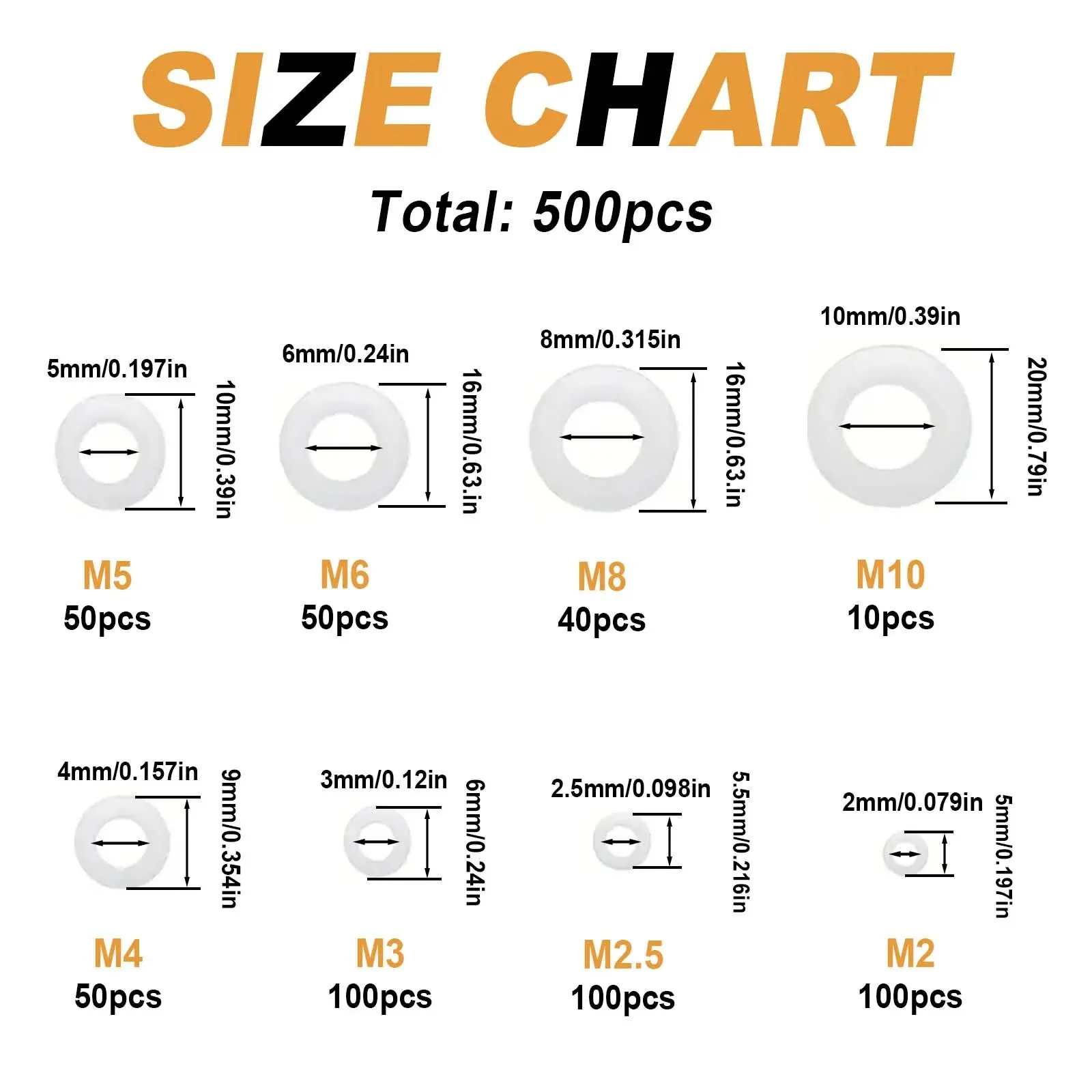 500Pcs M2 M2.5 M3 M4 M5 M6 M8 M10 Plastic Nylon Flat Washer Flat Gasket Screw Bolt Insulation Washer Assembly Kit